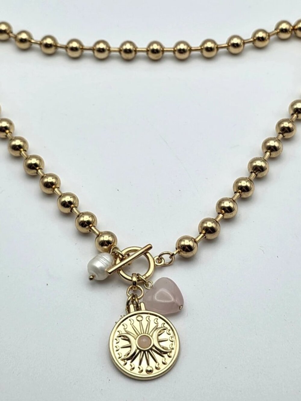 Gold Tone Rose Quartz Pearl Celestial Sun Moon Eye Charm Necklace 18 in - Picture 8 of 8
